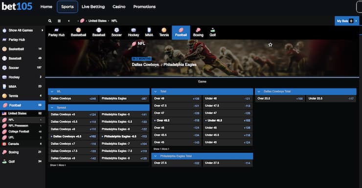 Odds display from Bet105, a major player among Pennsylvania online sportsbooks.